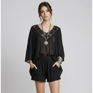 Jen's Pirate Booty Tunic M Black Sheer Crochet Lace Kimono Sleeve Boho Top